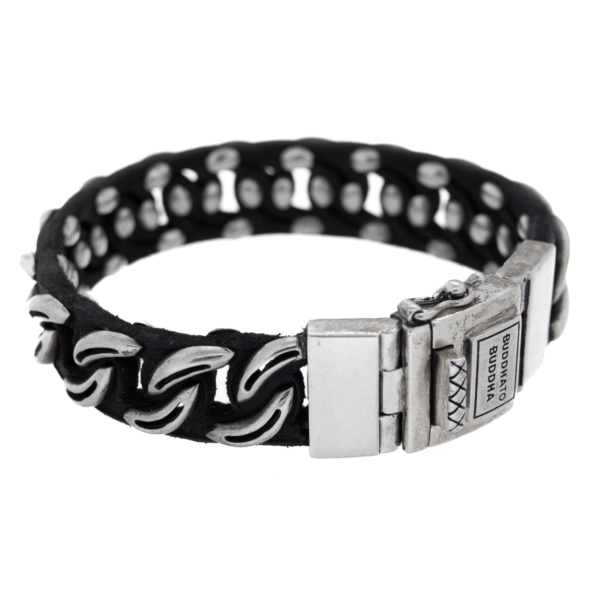 Chain Stud Mix Zilver/Leer Zwart Armband