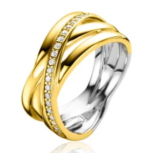 ZINZI gold plated zilveren brede cross-over ring glad wit