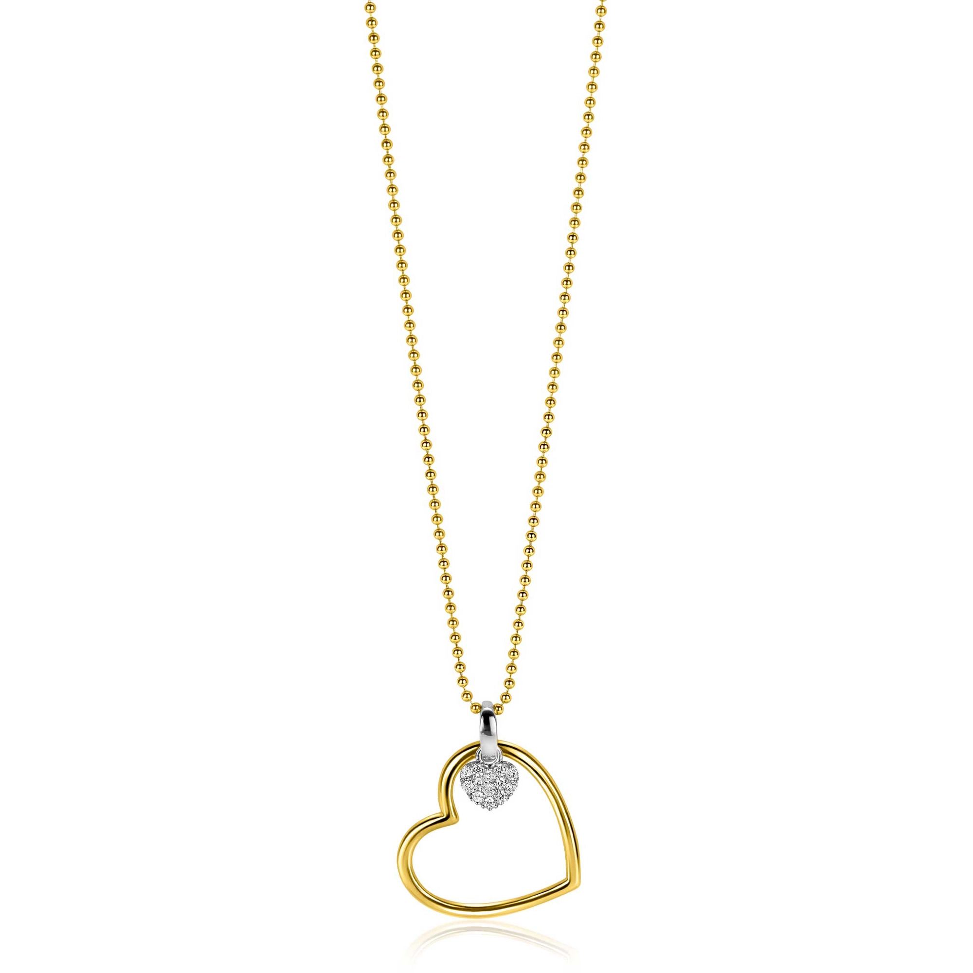 ZINZI gold plated zilveren bolletjes collier met grote open hart hanger